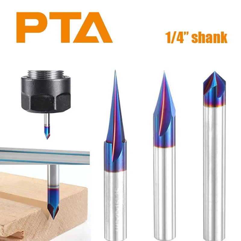 

1/4 Inch Shank 3 Flute V-shaped Carving Knifer, 15/30/45/60/90 Degrees Chamfering End Mill HRC93 Carbide CNC Router Bit