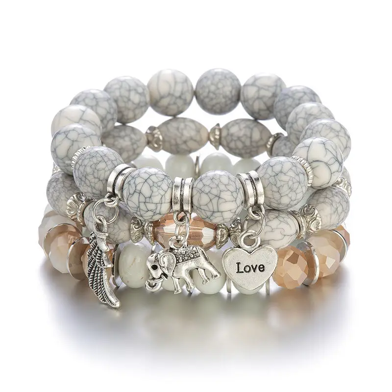 3Pcs/Set Handmade Beads Love Heart Elephant Wing Pendant Bracelets For Women Vintage Beaded Chain Bangle Female Bohemian Jewelry