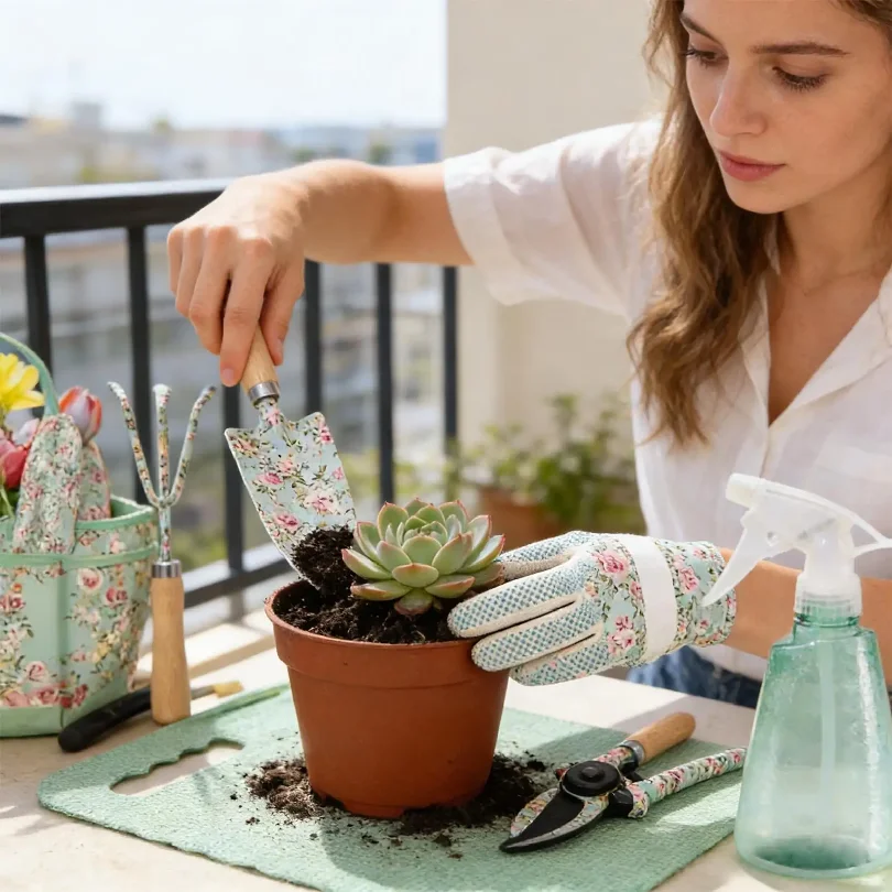 rose-patterned Gardening tool set 10pcs Floral Pattern garden hand tool With Organizer Bag Rake Weeder Shovel Fork Pad Gloves