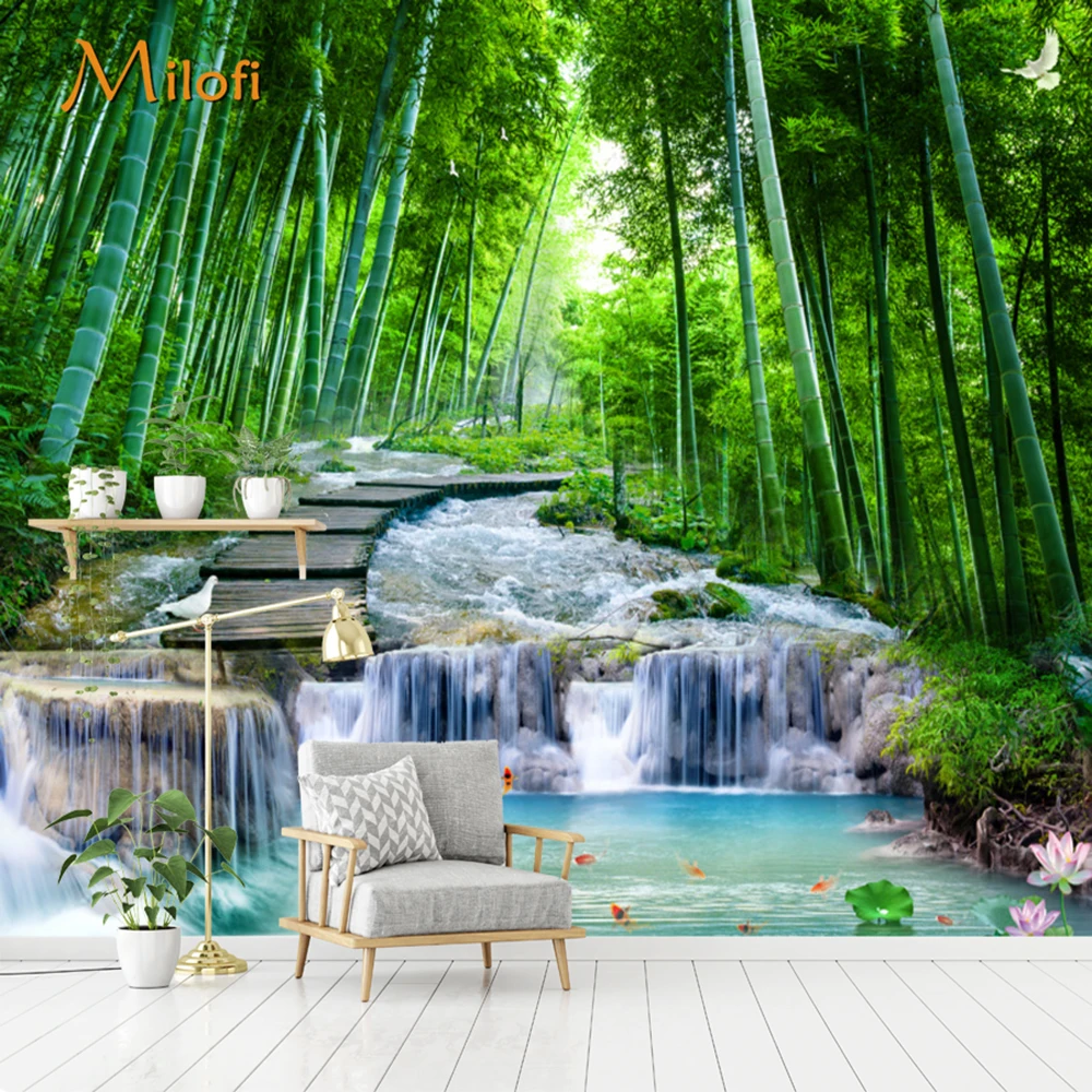 Milofi Customized Bamboo Forest, Flowing Water, Jinli Stone Bridge, Background Wall, Mural, Wallpaper