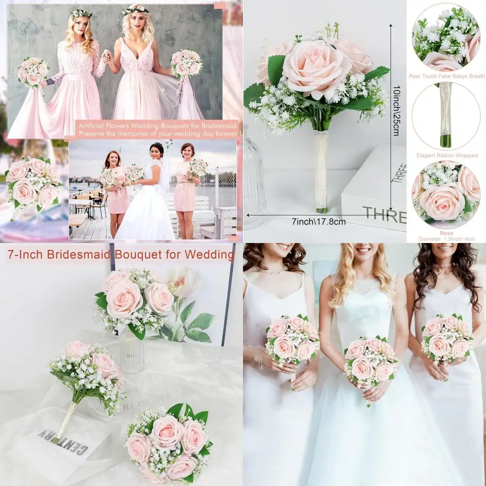 

Set of 6 7-Inch Peach Pink Rose Baby's Breath Bridesmaid Bouquets for Weddings, Bridal Showers, and Anniversaries