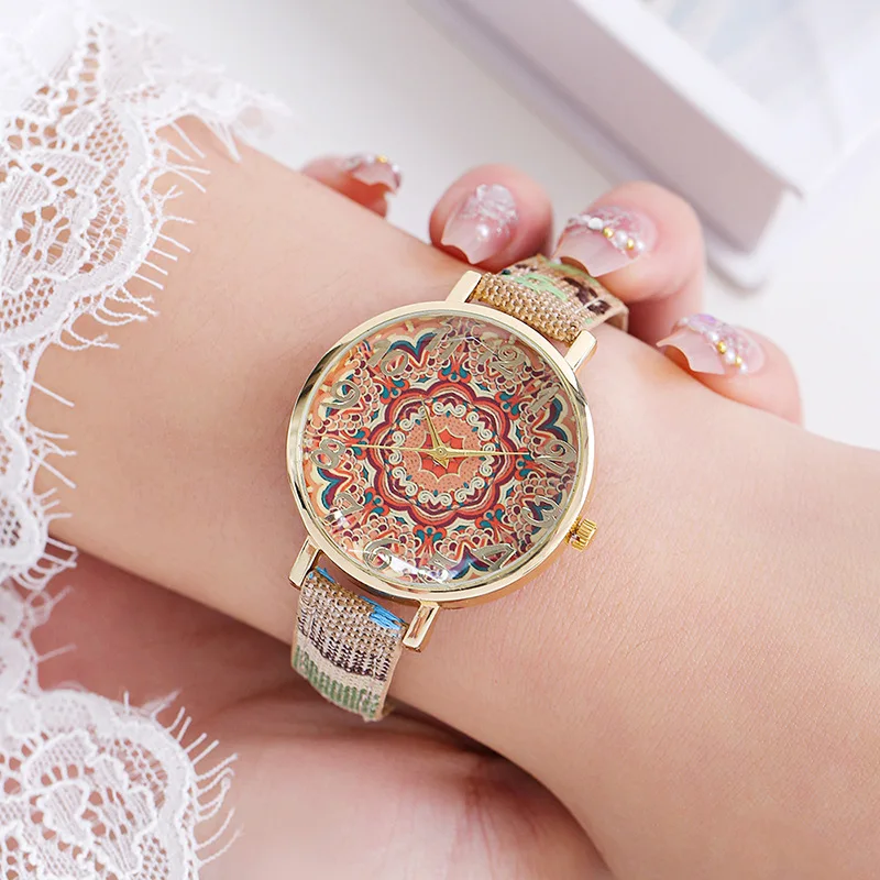 Vintage Ethnic Style Ladies Quartz Watch With Floral Canvas Strap Student Women Wristwatch For Girl Daily Wear School Outdoor