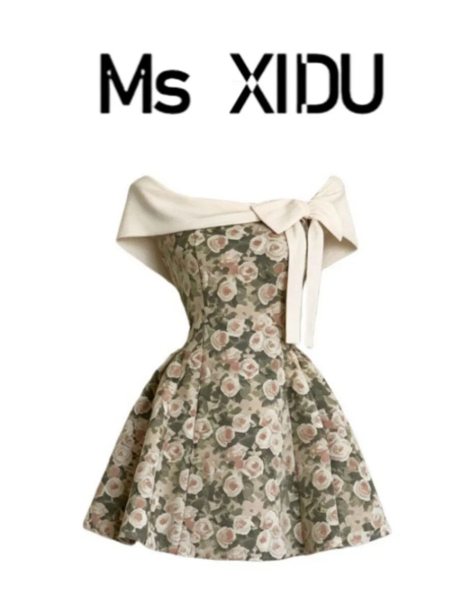 

plus Size Women's Dress with Bow Knot Waist Cinching Summer Floral Oil Painting Rose One Shoulder Puffy Skirt French Style Ca...