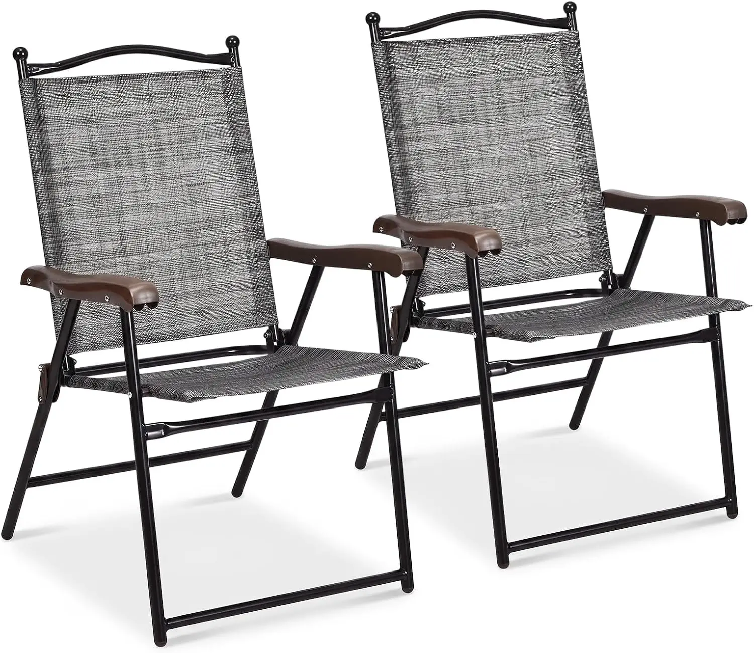 Set of 2 Patio Folding Chairs, Outdoor Patio Dining Chairs w/Armrest, Sling Back, Metal Frame, Outside Use for Lawn Camping