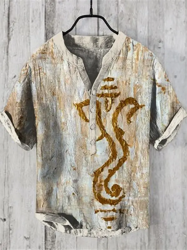 2024 Ancient Civilization Art Pattern Printed Men's Short sleeved Shirt Linen Comfortable Fabric European and American Popular