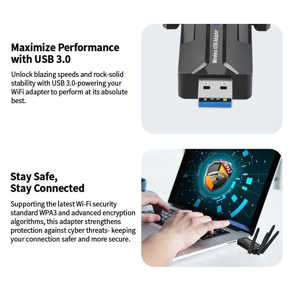 WiFi 6 USB 3 0 Adapter 1800 Mbps Dual Band 5 GHz 2 4 GHz Wireless Network Card 4 High Gain Antennas USB Dongle for PC Desktop Laptop Gaming Windows 11 10 Long Range Signal Receiver Great for Gaming Streaming and Video Calls - view 5