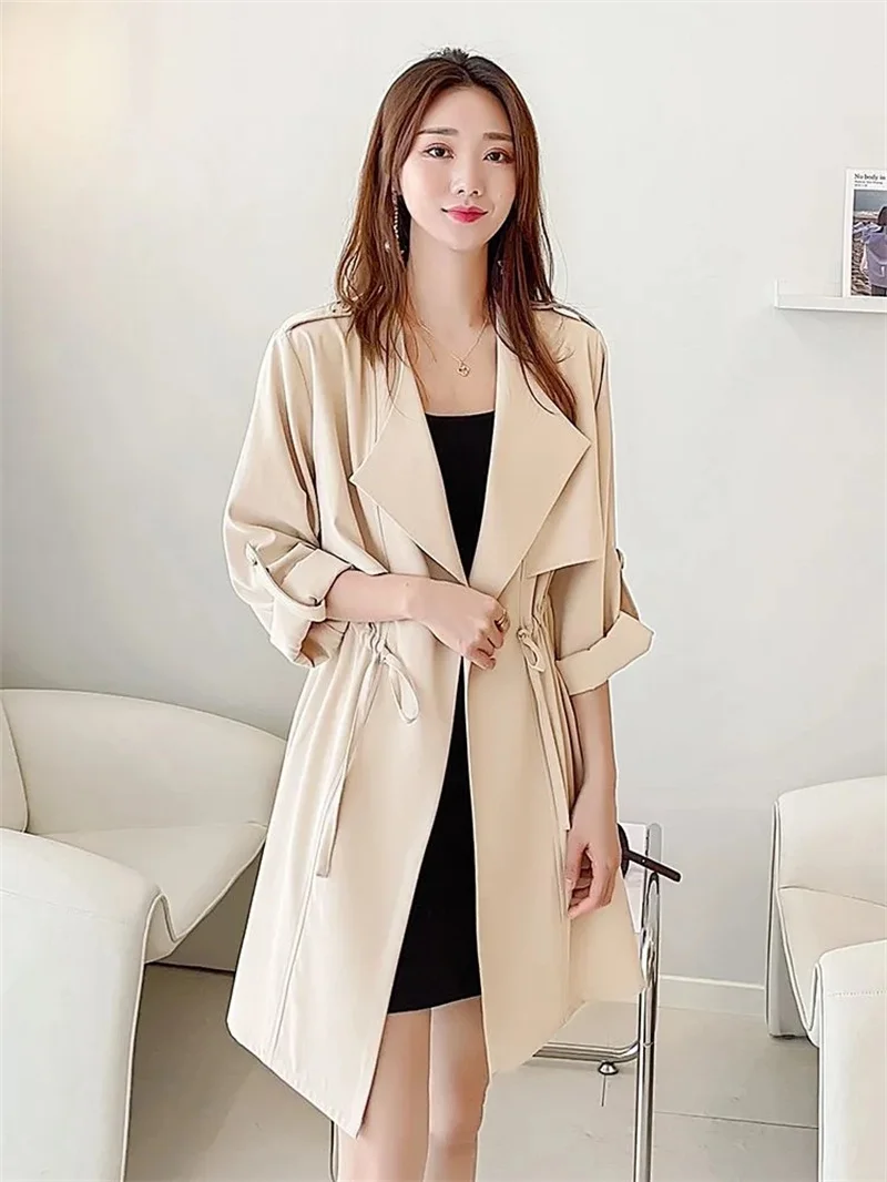 Autumn Windbreaker New Women\'s Thin Coat Korean Version 2023 Single-Layer Fashion Drawstring Slim Trench Coat Top with 3/4 Sleev