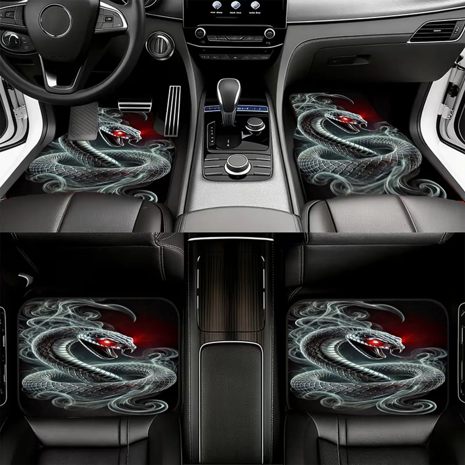 4pcs Car Floor Mats, Stylized Black Snake Design, Material, Menacing Red-Eyed Snake Pattern, For Car Interior, Dramatic Smoke-Fi