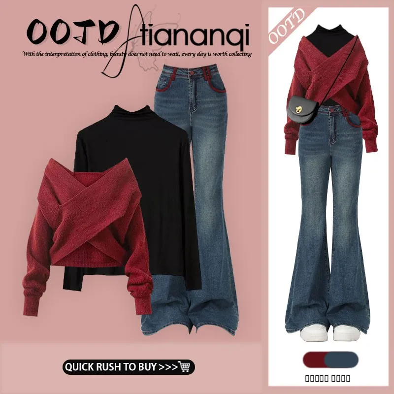 

Red Knitted Sweater V-Neck Half High Collar Autumn Winter Fashion Set with Jeans Three Piece Suite Elegant Style Women's Clot...