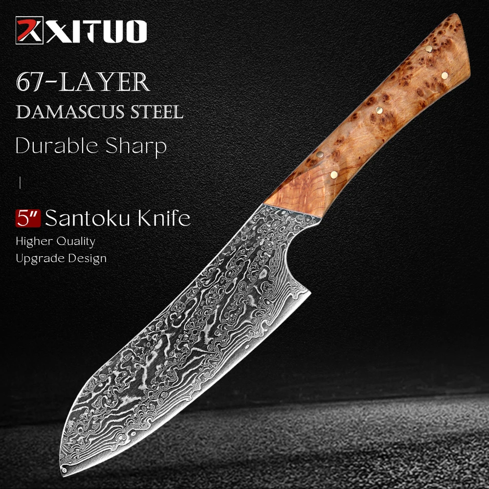 Нож Santoku из дамасской стали, 5-дюймовый японский нож шеф-повара, Full Tang, острый профессиональный маленький кухонный нож с деревянной ручкой