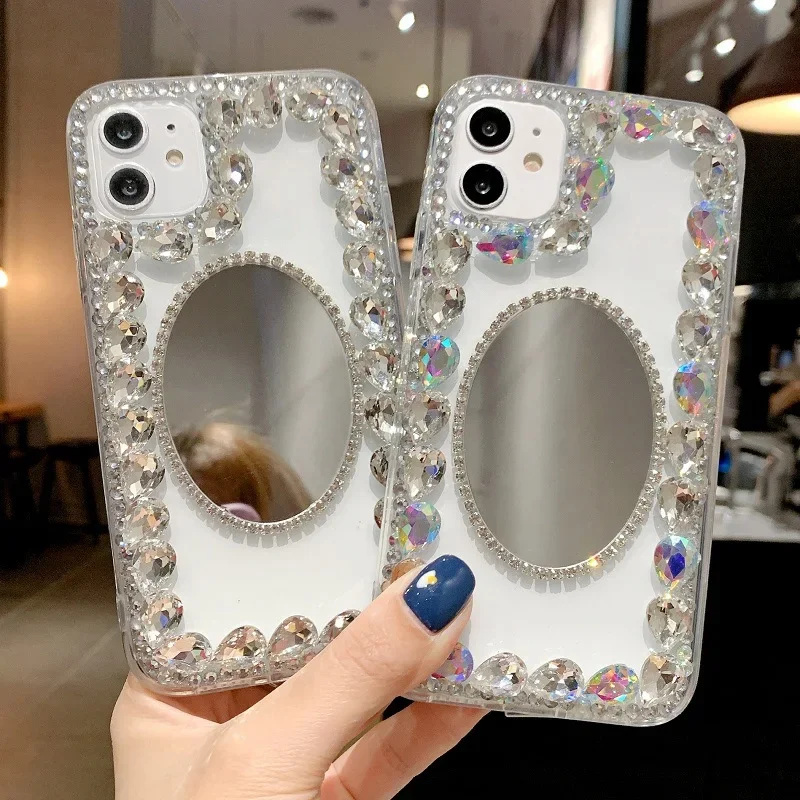 Étui de protection transparent pour iPhone, diamant d'eau, miroir de maquillage, adapté pour iPhone 16 Pro, 15, 14, 13