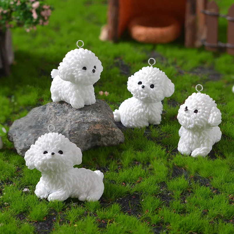 Miniatura Peludo Bichon Francês Pequeno Cão Resina Encantos, Kawaii Pet Gargantilha, DIY Artesanato Brinco, Chaveiro Jóias Fazer, 8Pcs