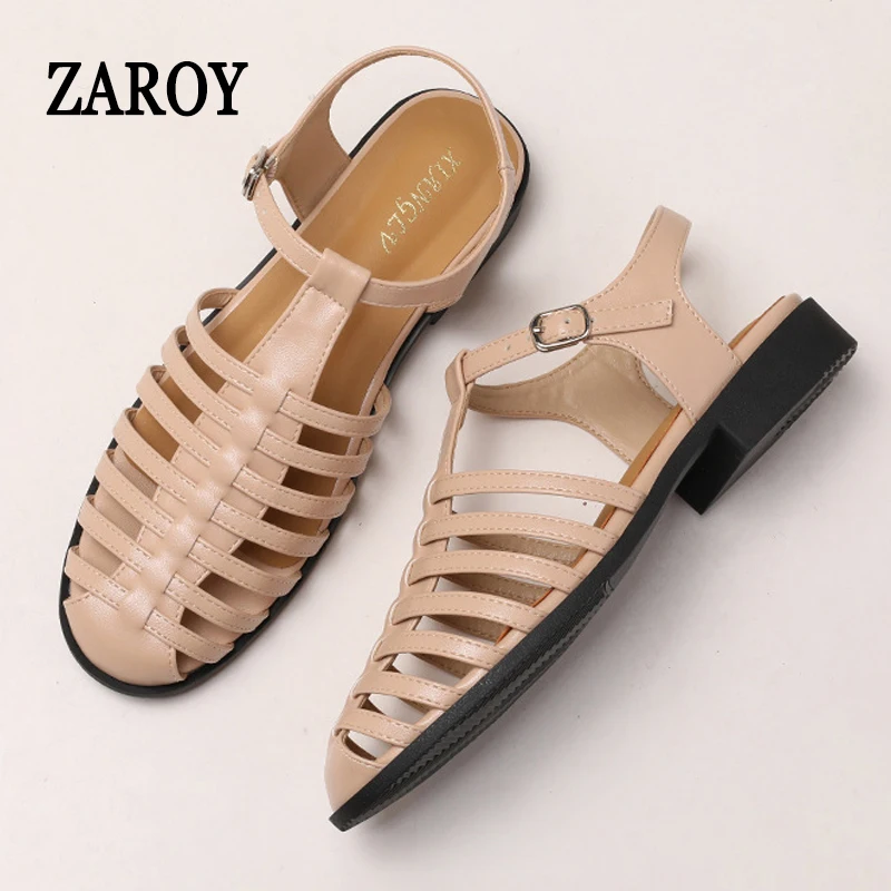 

ZAROY Big Size 44 Roman Flat Sandals Woman Fashion T-Strap Ankle Buckle Woven Sandals Casual Footwear Zapatos De Mujer санд