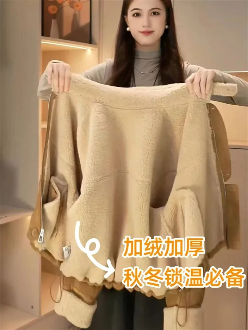 Veste de fourrure courte épaisse avec polaire ajoutée pour femme, nouvel article populaire d'hiver 2021, col montant, veste de moto, haut kaki