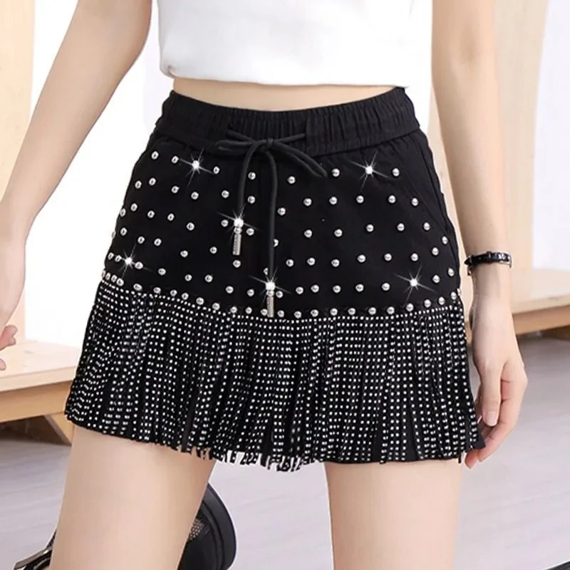 

Tassel Studded Shorts For women 2026 Summer Elastic waist New Korean version Fashionable High waist Spicy girl Dance Skirt pants