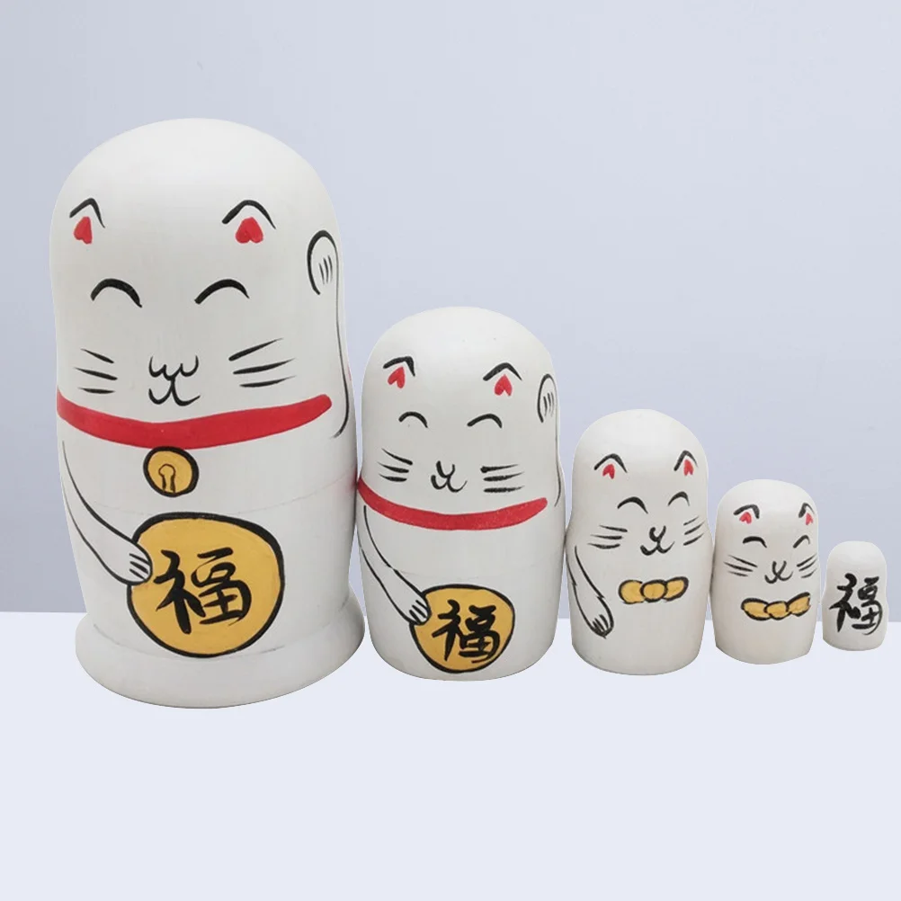 5 قطع من لاكي كات الروسية المتداخلة الممتازة للديكور للأطفال والكبار هدية حرفية فنية على شكل حيوانات