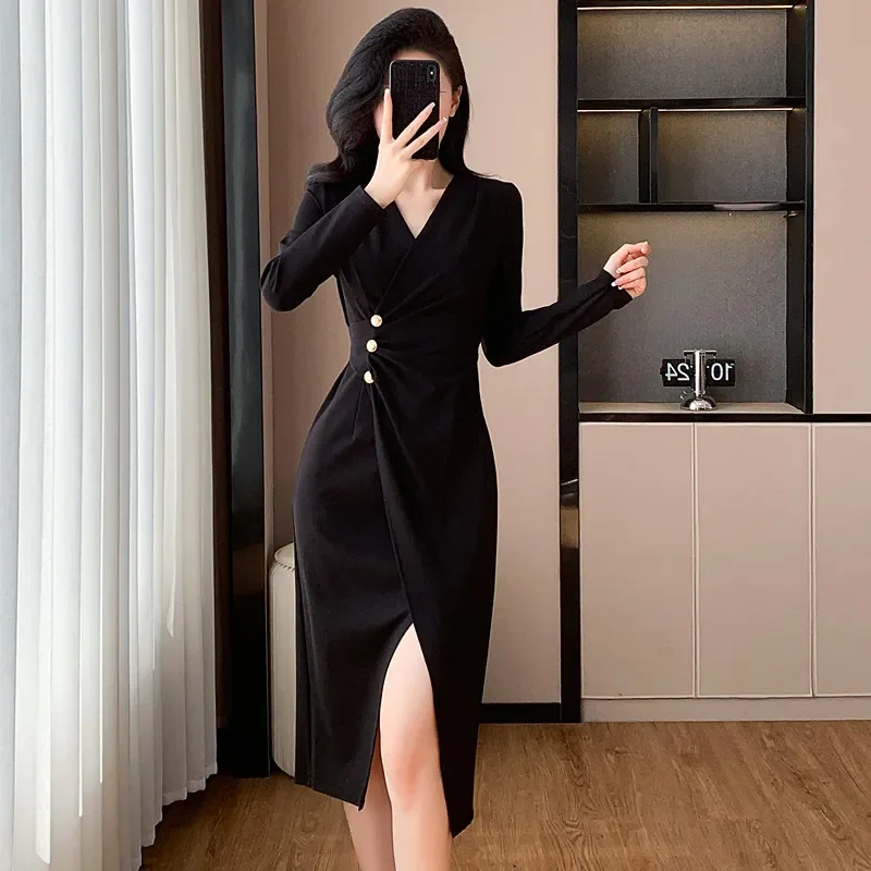 Mujer 2024 Otoño Invierno elegante negro de manga larga con cuello en V Split Slim Fit vestido de tubo Formal fiesta Oficina trabajo de mujer