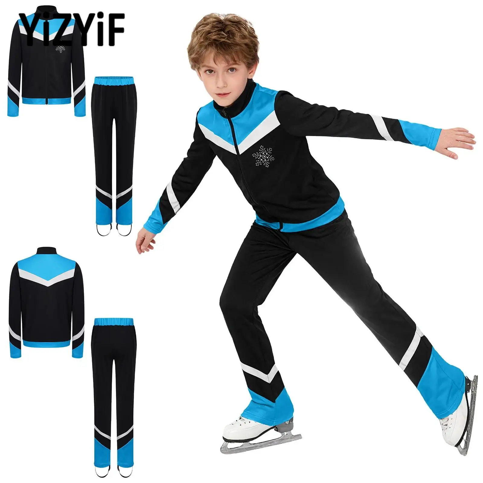 

Спортивная одежда для фигурного катания с длинными рукавами для мальчиков, флисовая подкладка со стразами, куртка со снежинками + штаны, комплект для тренировок и тренировок