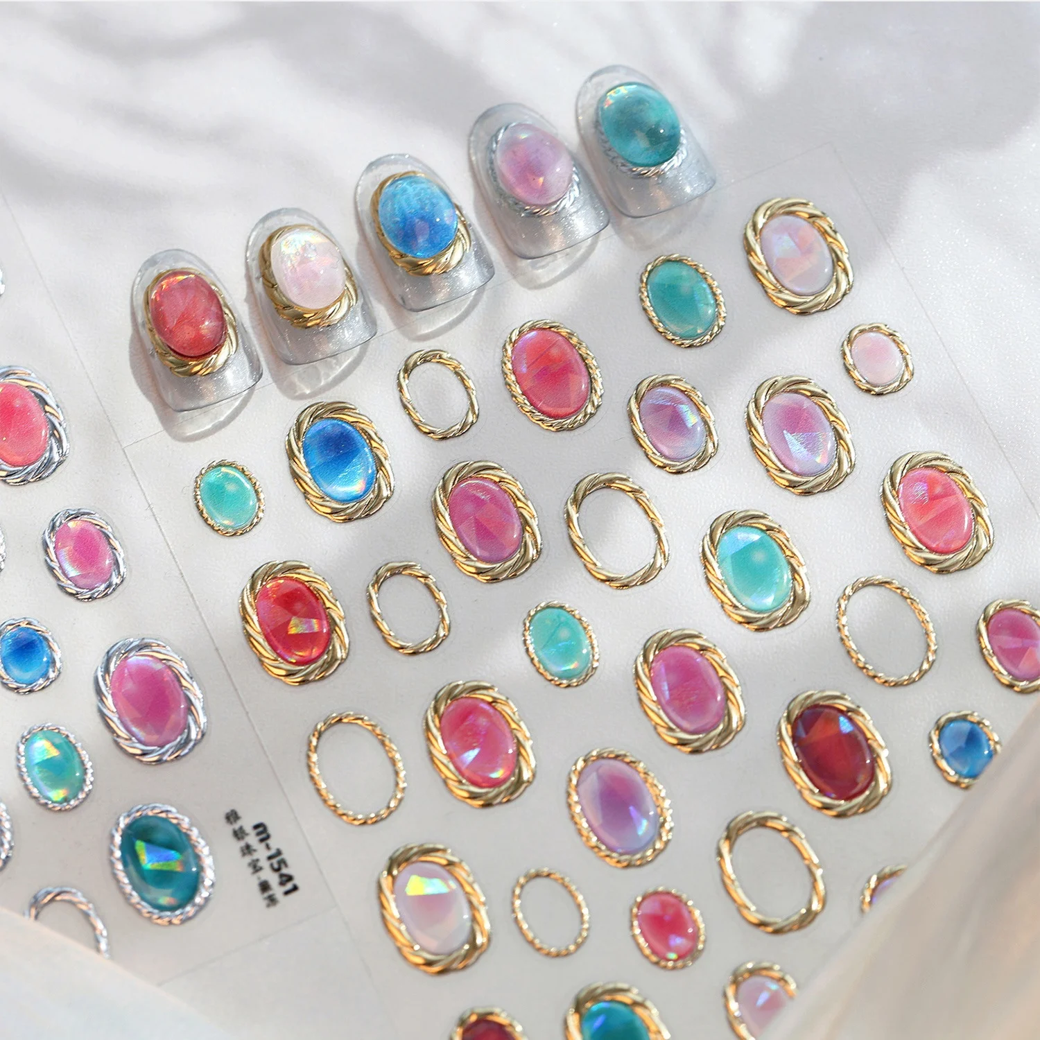 Luxury Royal 5D Nail Art Stickers Retro Palace Imitation Cat Eye Gem Oval Rhinestone Hollow Metal Border Self‑Adhesive Decals