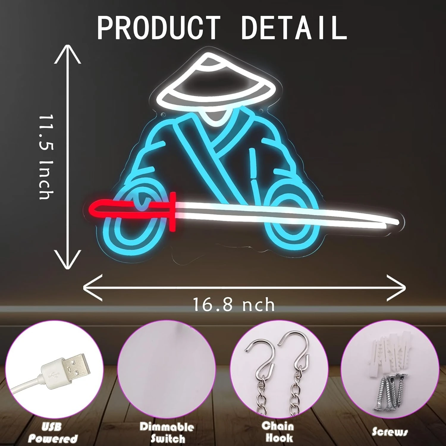 Japanese Samurai Neon Sign USB Dimmable LED Wall Art for Home Bar Gaming Room Anime Decor Warrior Spirit Lighting Unique Gift