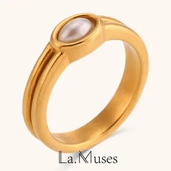 La. Muses Classics Imitate Pearl Turquoise Stainless Steel Finger Rings Women Fashion Daily Waterproof Jewelry And Accessories