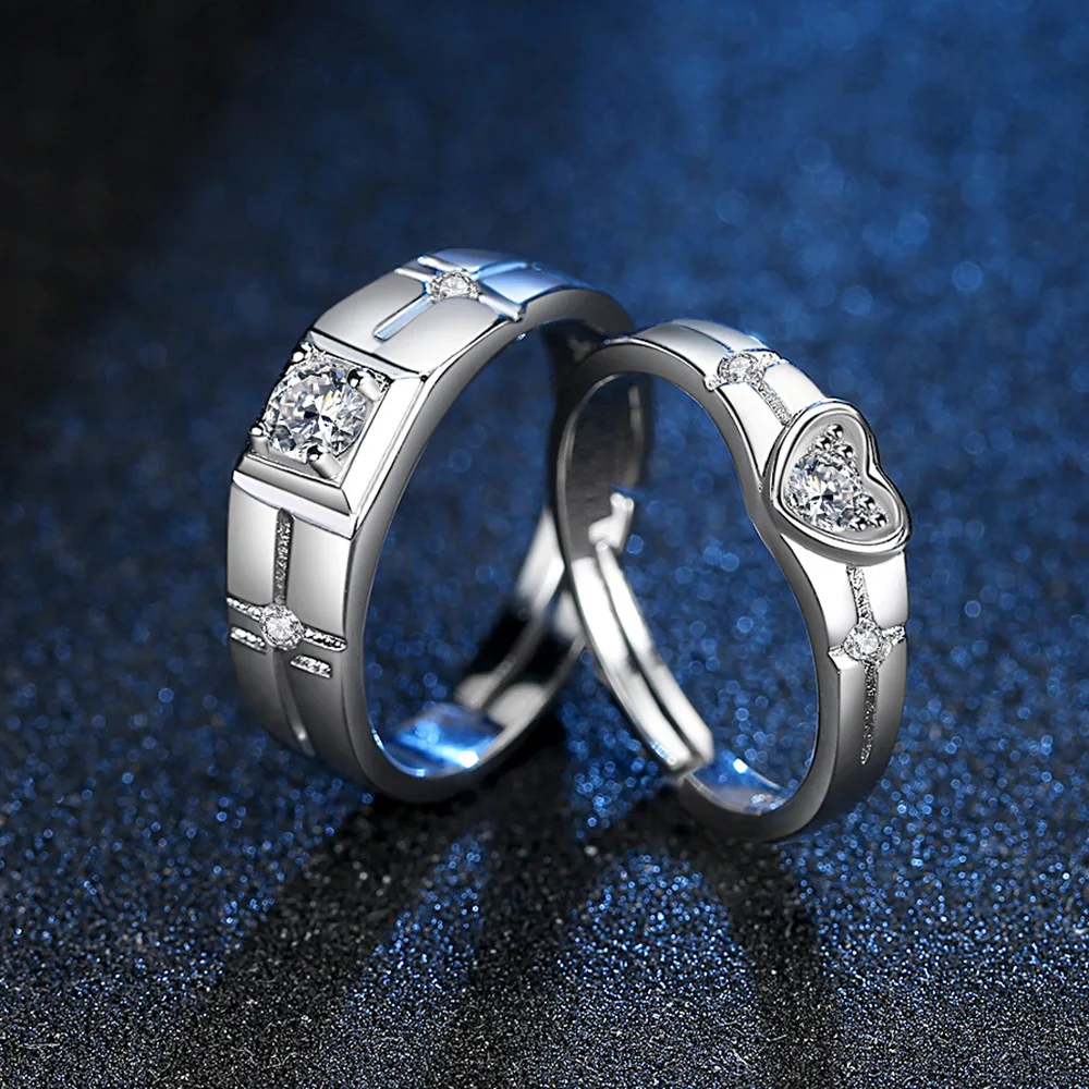 Group bague en argent regardé 925 pour hommes et femmes, coeur, carré, cristal, bague de couple, bijoux, nouveau, XY0390