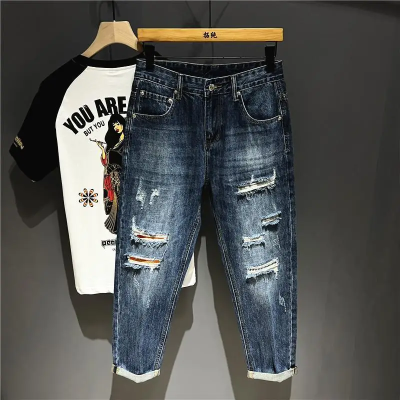 2026 High-end Trendy Brand Ripped Loose Non-elastic Straight-leg Pants Harlan Jeans Men's Ruffian Handsome Youth Cargo Pants Men