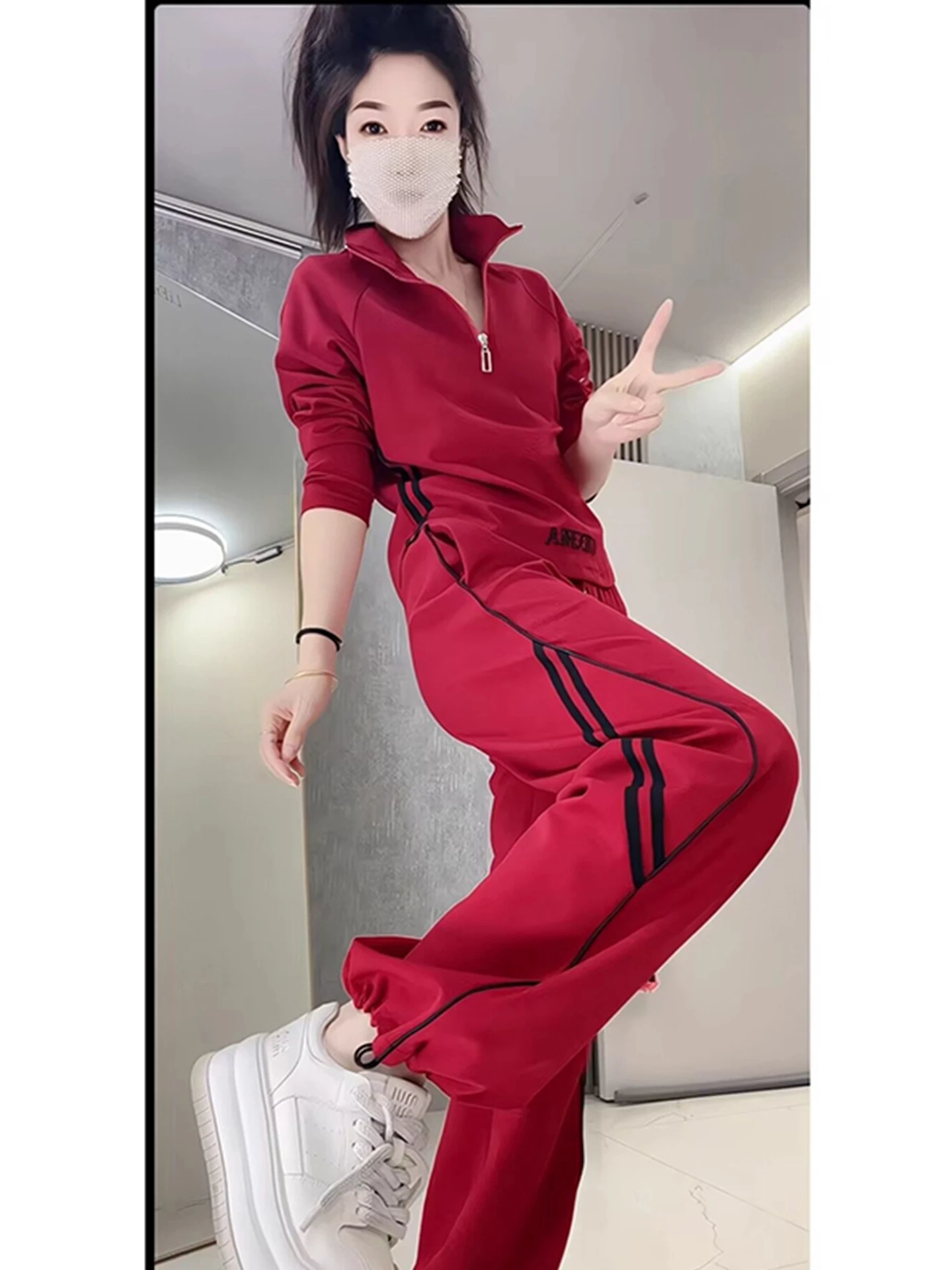 Faionable Casual Women's Set Autumn New Sle Youthful Stand Collar Zipper Top Wide Leg Pants Two Piece Set Ele Commute...