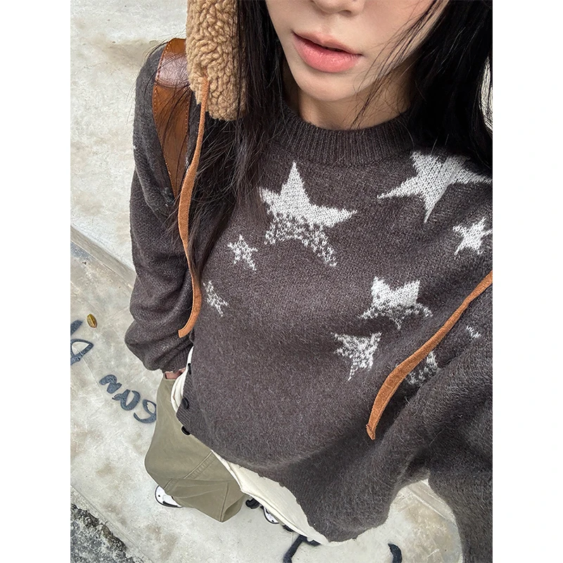 سترة نسائية مطبوعة عتيقة Y2K Harajuku بلوفرات محبوكة ملابس خروج بأكمام طويلة ملابس شتوية كورية فضفاضة برقبة دائرية