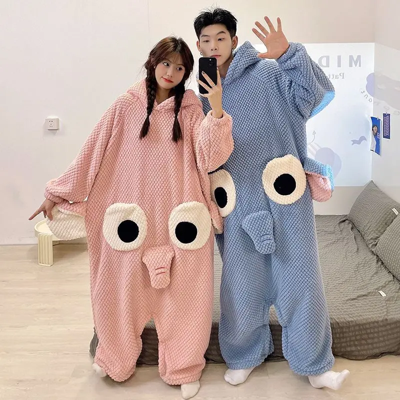 Winter Female Cartoon Nightwear Plush Thickened Jumpsuit Hooded Sleepwear Women Long-Sleeve Keep Warm Cute Pajamas Homewear