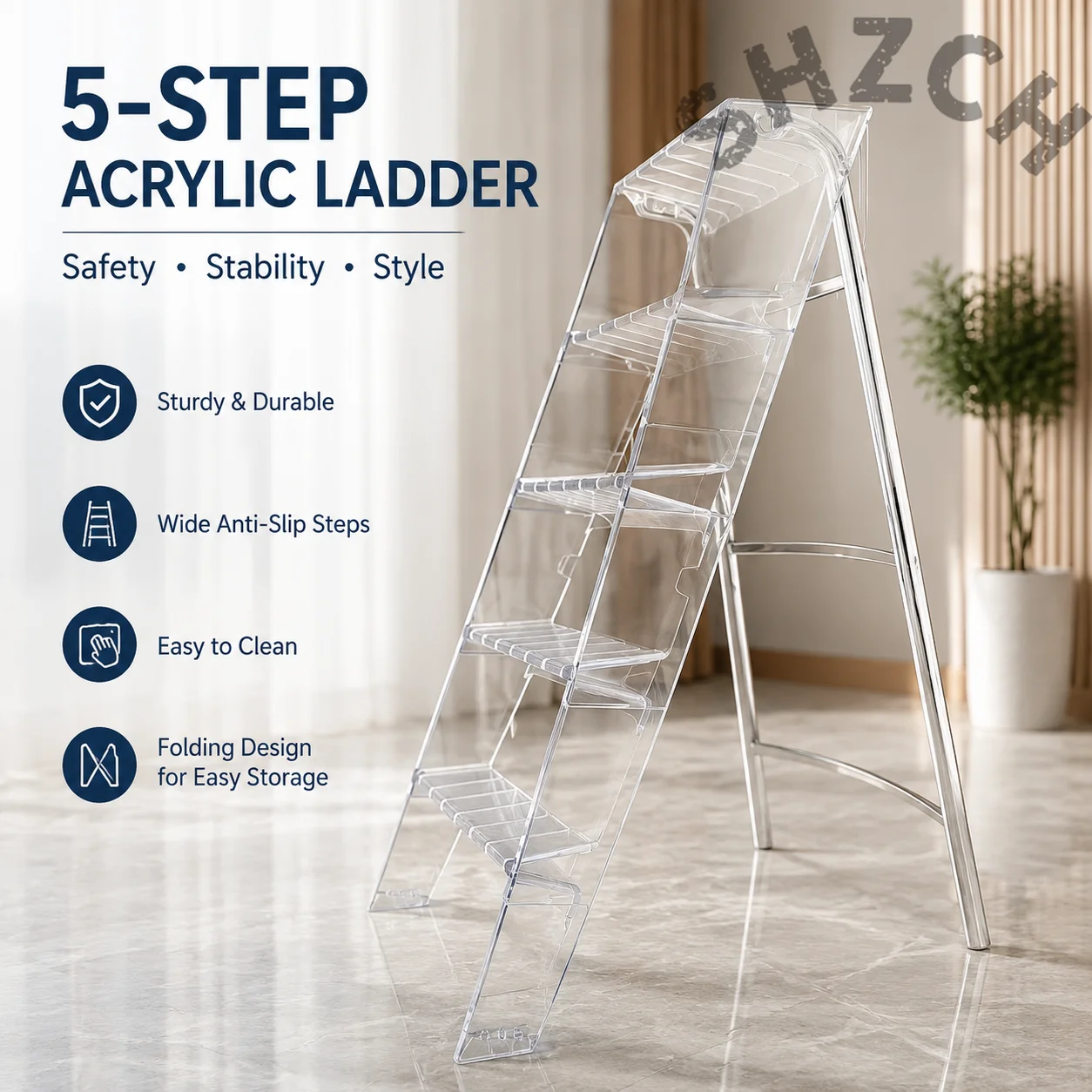 5-Step Herringbone Acrylic Folding Step Stool – Lightweight, Anti-Slip, Wide Pedal for Kitchen & Home Use