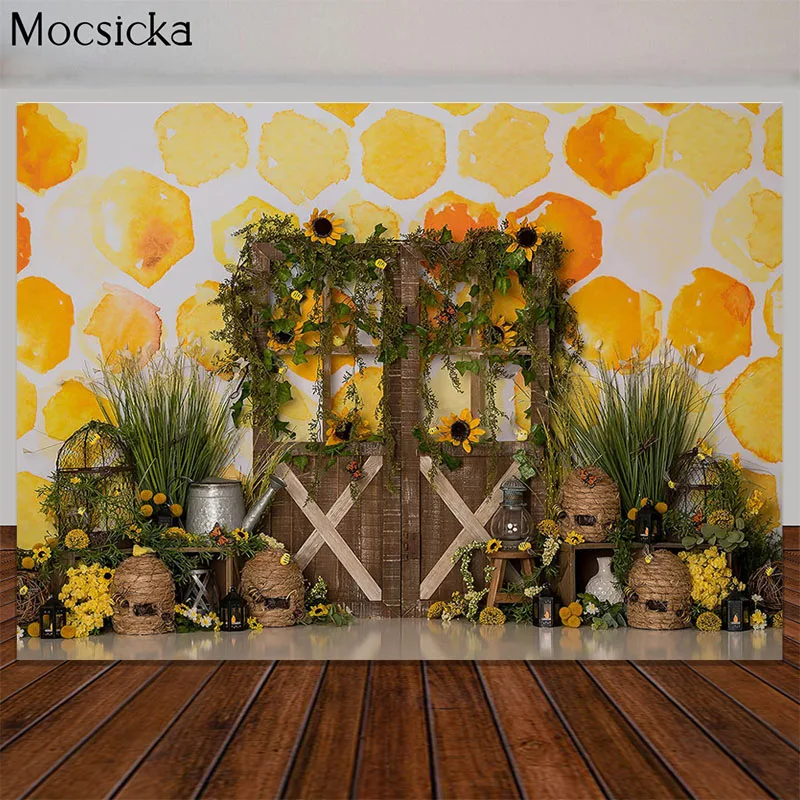 Fondo de fotografía de abejorro para primer cumpleaños, accesorios de fotografía de girasol, sesión de pastel, día de abeja de miel, Niña