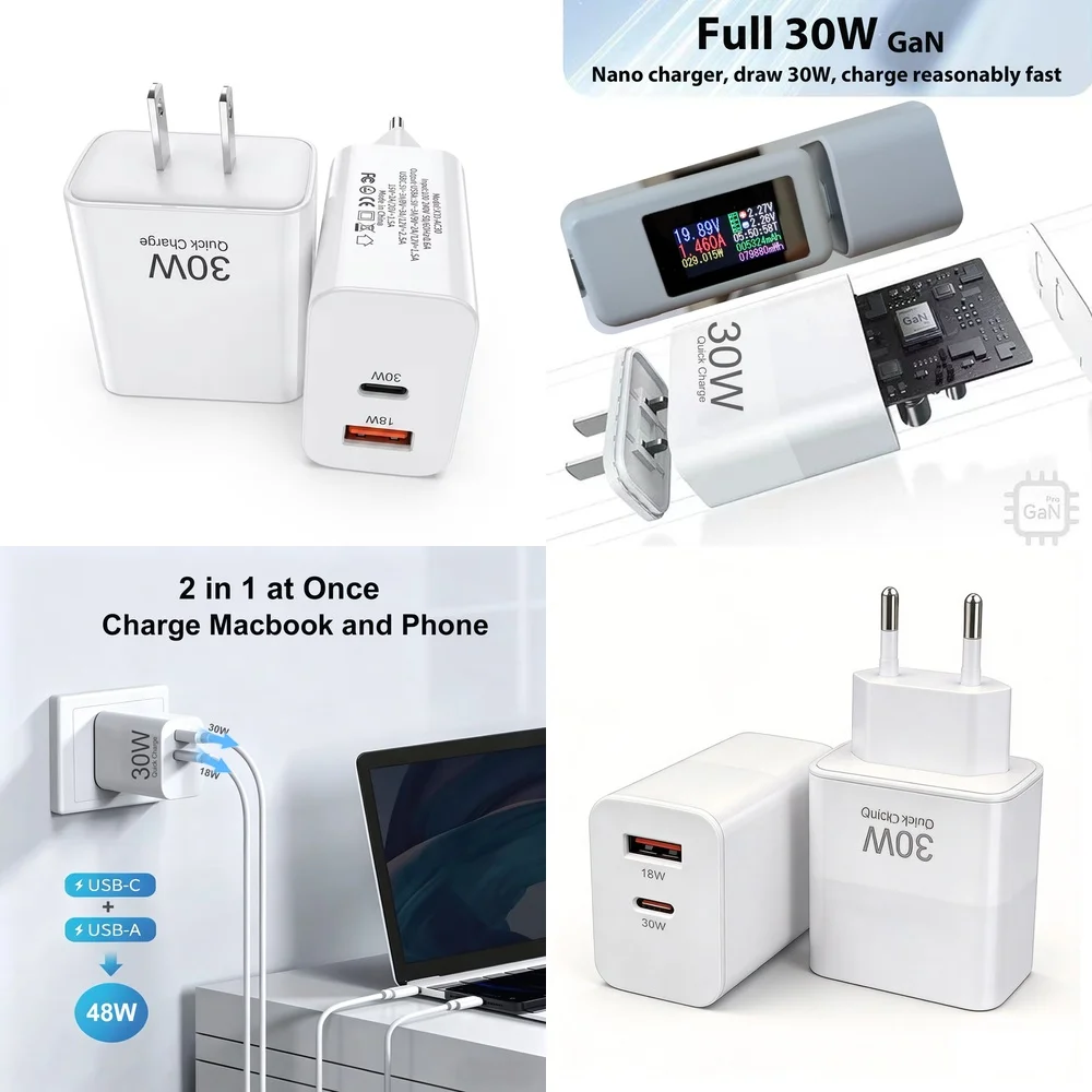30W PD USB C Adapter Compact Dual Port EU US Plug Charging Block for iPhone 17 16 15 Pro Max Samsung S26 S25 S24 S23 Ultra iPad