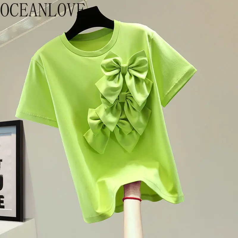 OCEANLOVE 3D Bows T Shirt for Women Vintage Solid Spring Summer Korean Fashion Ropa De Mujer Short Sleeve Elegant Camisetas