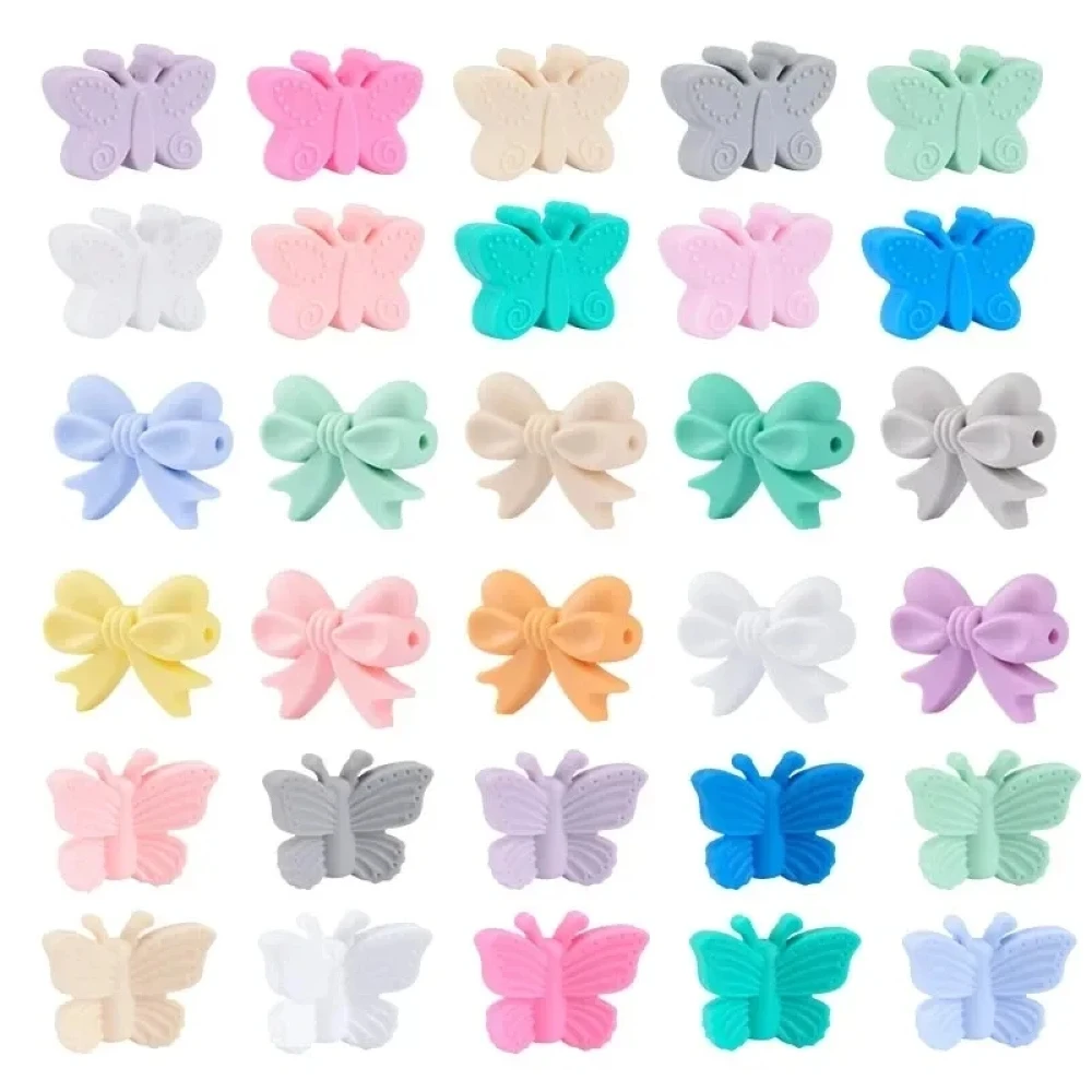 

Bowknot 10pcs/lot Silicone Beads DIY Food Grade Silicone Teething Pacifier Cute Shaped Silicone teether Holder Accessories