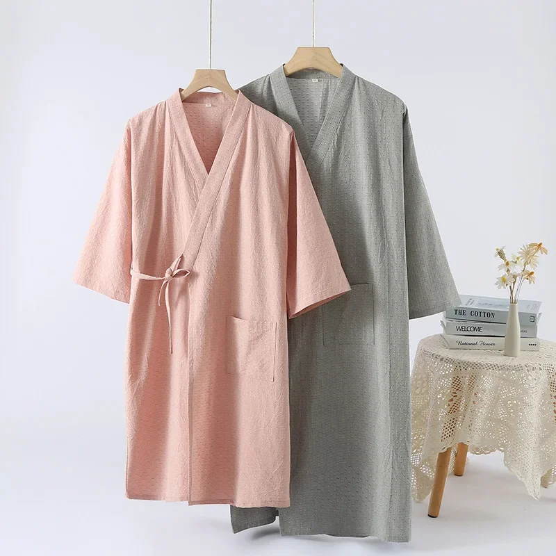 

Couple's Bathrobe Cotton Kimono Yukata Medium Length Lace Up Cardigan Lace Up Bathrobes Homewear Men and Women Clothes