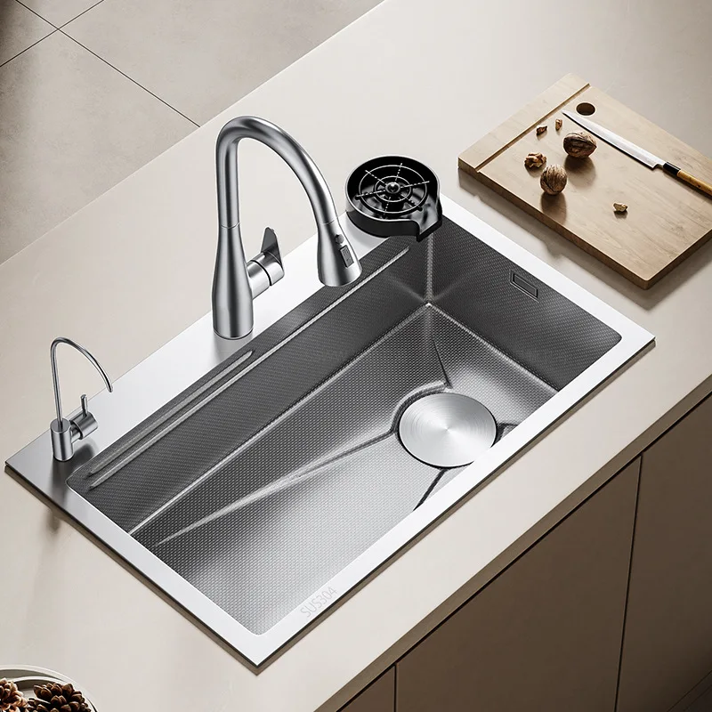 

Kitchen 304 stainless steel sink household large single sink nano vegetable wash basin thickened sink left drainage drain