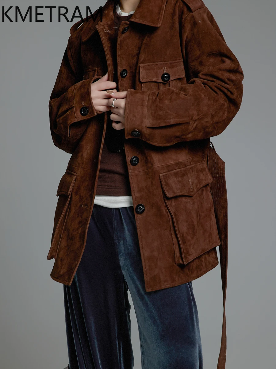 KMETRAM Giacca in pelle da donna in pelle di pecora naturale al 100% con cintura Retro Marrone Genuino abbigliamento femminile Autunno 2025 di media lunghezza пikusьто