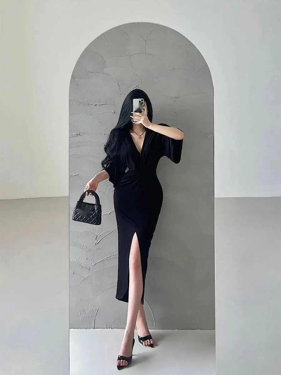 الخريف فضفاض فستان طويل غير رسمي الخامس الرقبة الملتوية حزام الخصر سبليت فستان أنيق برتقالي وردي فساتين ضئيلة المرأة 2024 جديد أعلى 07PM