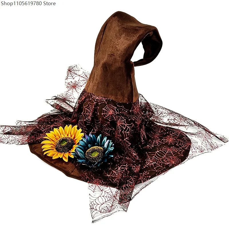 Mori Retro Twisted Witch Hat Lace Edge Rose Ornament Spider‑Web Detail Halloween Cosplay Role‑Play Dress‑Up Headpiece Accessory
