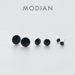 Modian Genuine 925 Sterling Silver Round Black Enamel Stud Earrings for Women Girl Fashion Classic Earrings Jewelry Gift