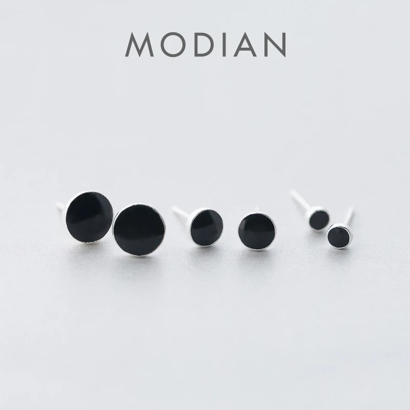 Modian oryginalna 925 Sterling Silver okrągła czarna emalia stadniny kolczyki dla kobiet dziewczyna moda klasyczne kolczyki biżuteria prezent