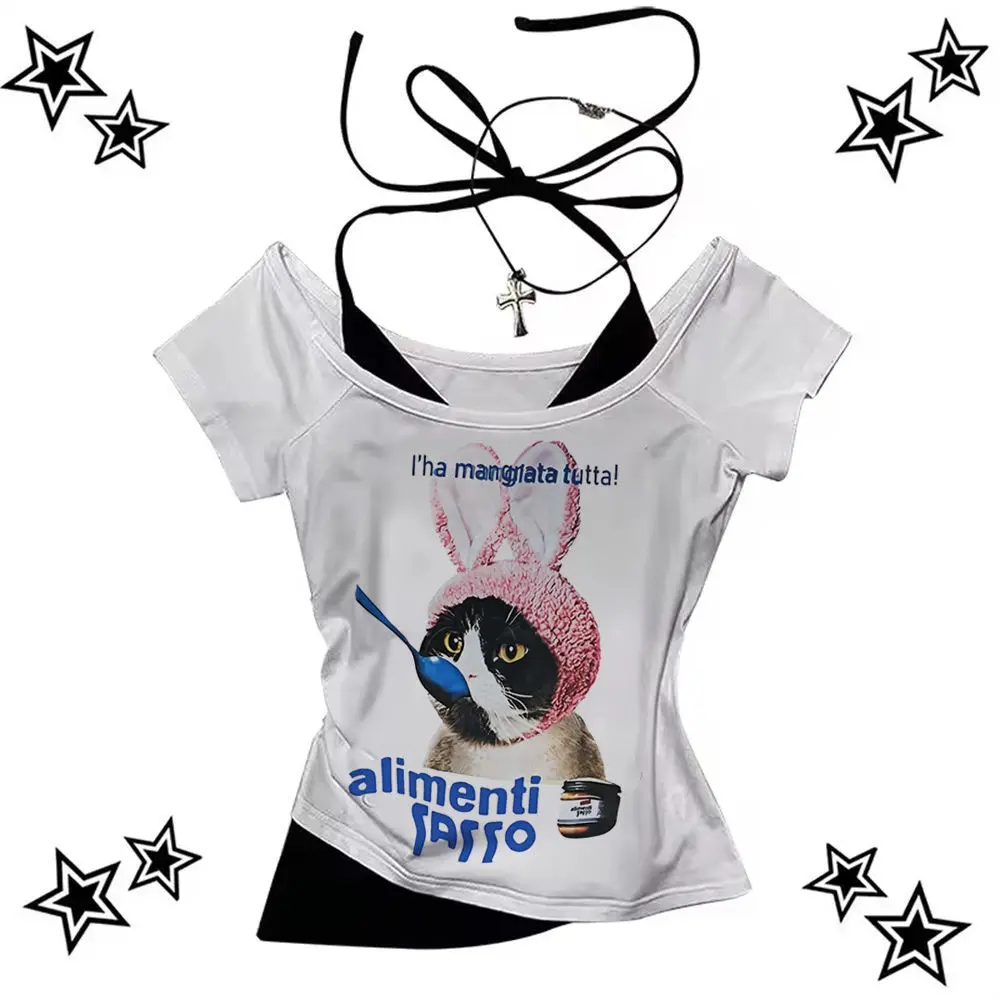 

Cat Y2k crop top corset 2000s coquette babydoll 2025 summer Streetwear shoujo girl style girls tees