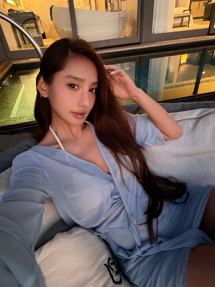 

Maru Maruco Design Blue Lace Backless Long Sleeve Dress Sexy Strapless Bodycon Dress V Neck Casual Wear Chinese Production