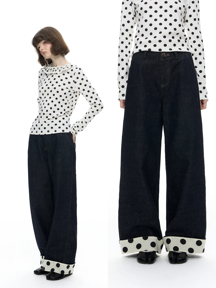 

Romance Nanci Polka Dot Splicing Loose Straight Leg Jeans Casual Long Pants Cotton Natural Waist Girl Style Autumn Season