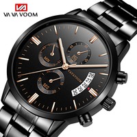 VA VA VOOM Brand Men Watch 3Bar Waterproof Stainless Steel Mesh with Silver Black Sport Style 43mm Quartz Movement Wristwatches