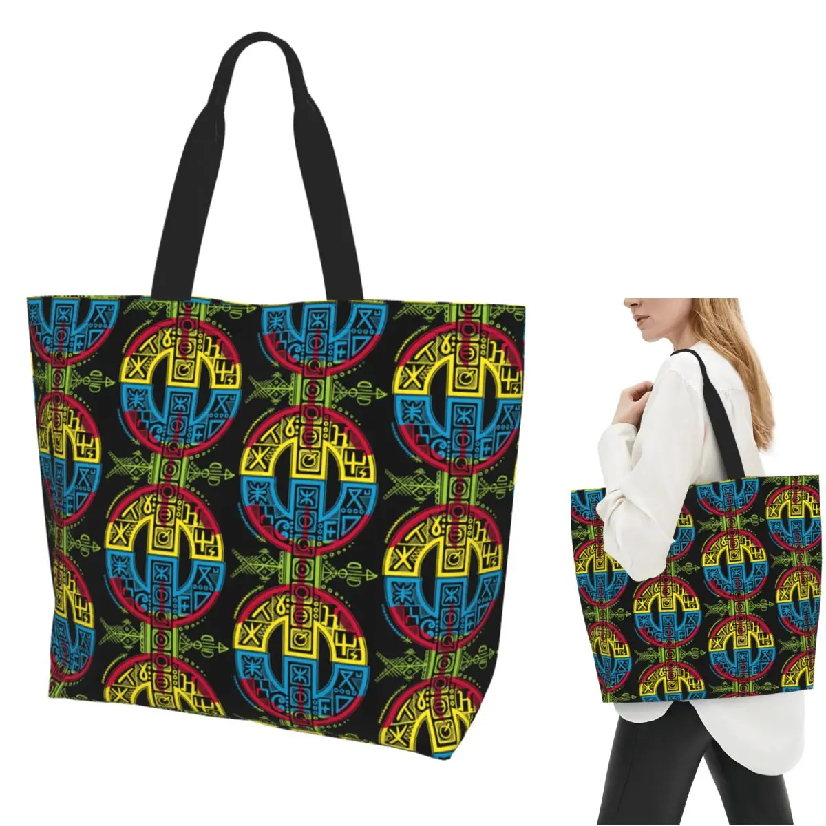 Kabyle Jewelry Amazigh Morocco Shopping Tote Bag Canvas Large Capacity Shoulder Bags Shopper Grocery Handbag for Women