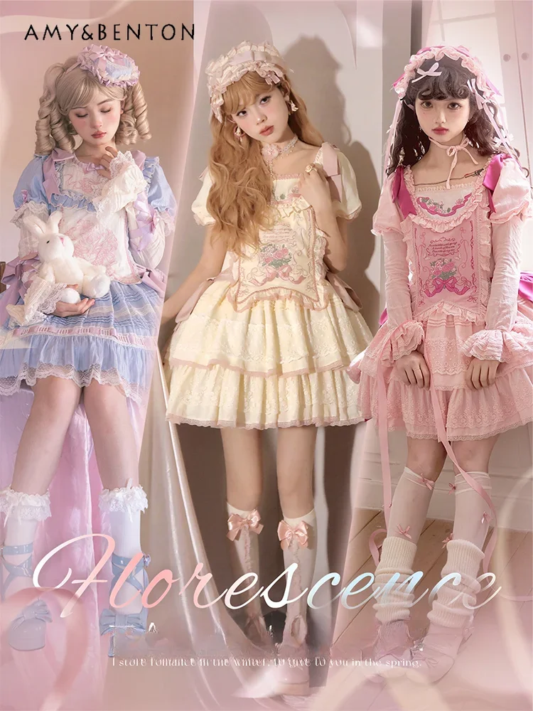 

Daily Sweet Lolita OP Dresses Temperament Ballet Style Flower Embroidery Ruffled Cute Mini Dress Pastoral Style Mori Girl Dress