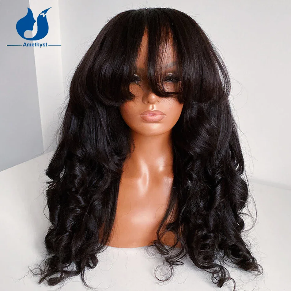 

Amethyst Yaki Wave Natural Black Human Hair Wig with Bangs O Scalp Top Full Machine Made Italian Yaki Wig Remy Hair 150%-200%