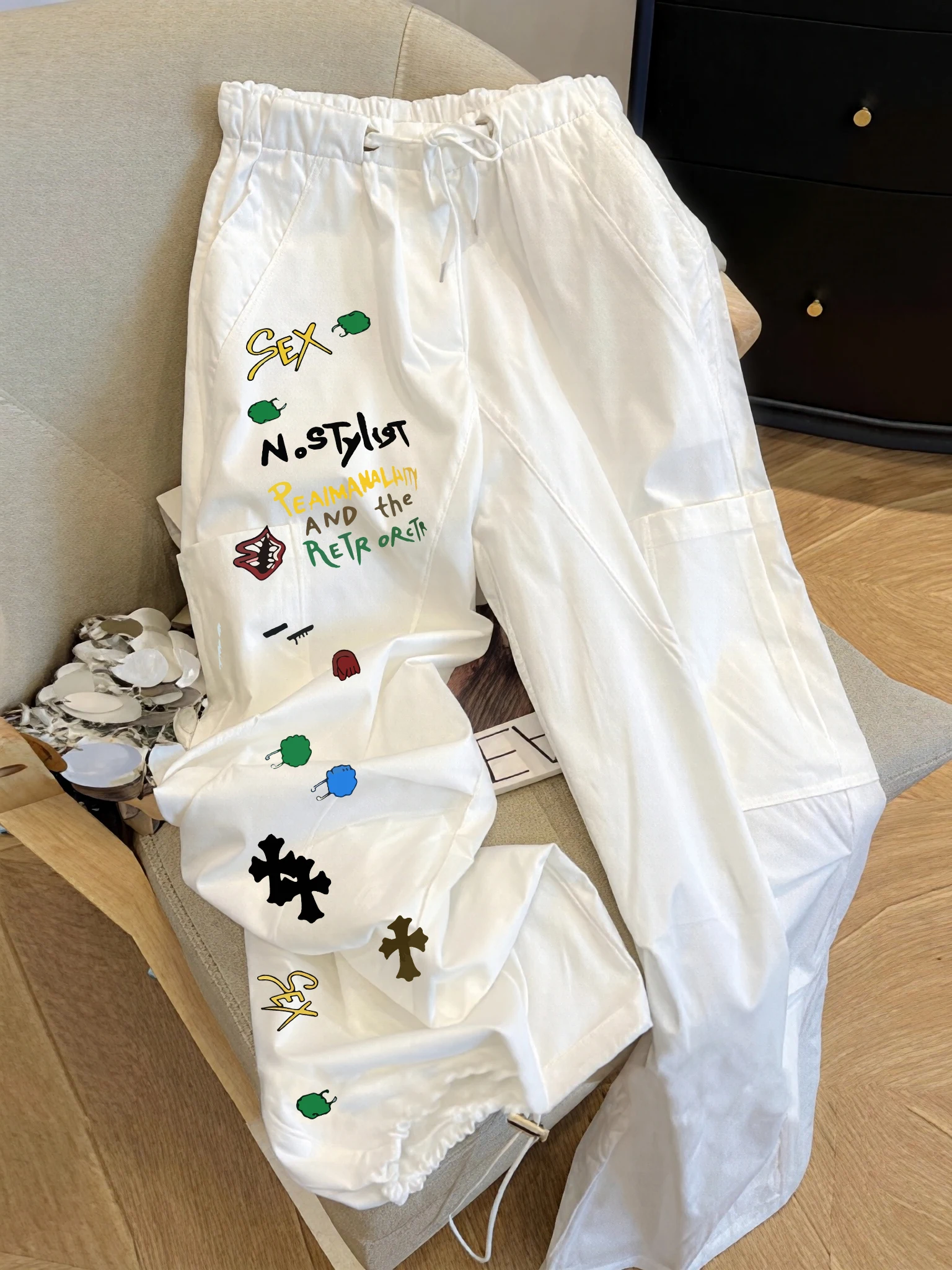 Creative Graffiti Print Drawstring Sports Casual Pants High Waist Slimming Wide Leg Pants Unisex Summer Fashionable Trousers